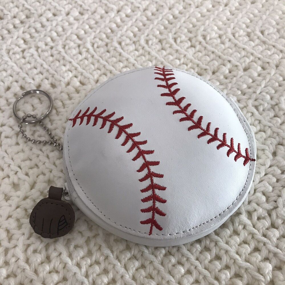 ROLFS Leather Baseball Coin Purse Card Holder Keychain Charm